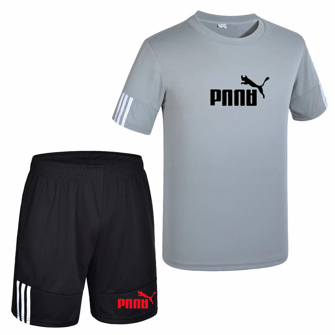 

New summer 2021 men round collar solid color striped short sleeve T shorts sports leisure fitness suit