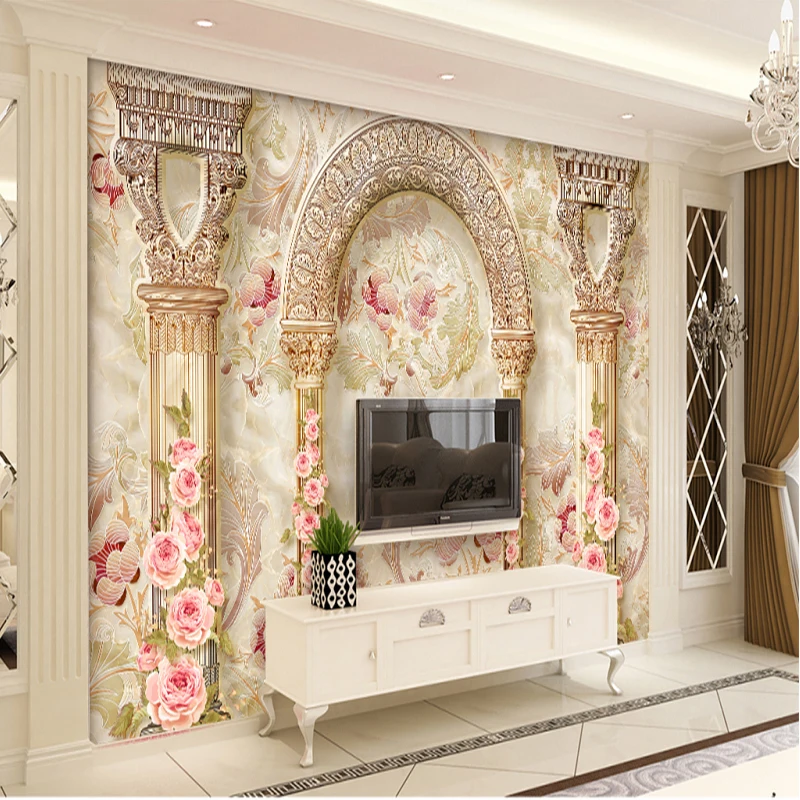 

3d wall mural Court style pink rose home decoration Roman column wallpaper