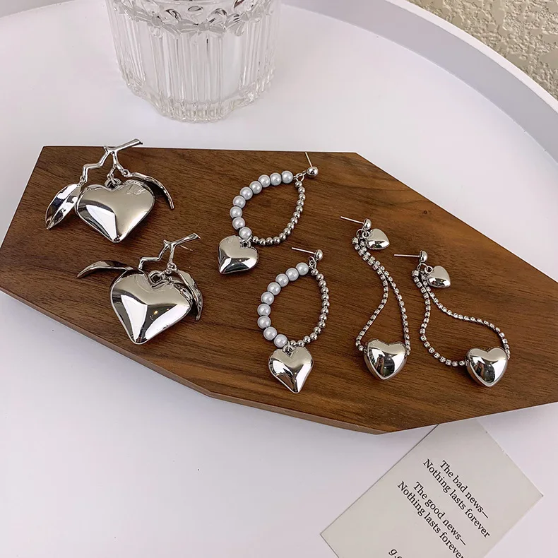 

925 Silver Needle Love Pearl Earrings Korea Diamond Chain Earrings Sweet Cool Girl Earrings Women Wholesale