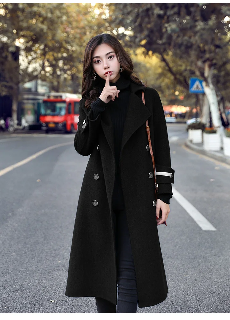 

High-End Blue Woolen Coat Women's Mid-Length Korean 2020 New Fall Winter Overcoat Fashion Double-Breasted Ladies Outwear F160