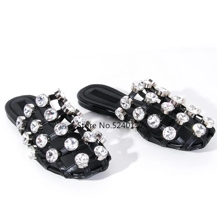 Женские сандалии гладиаторы с кристаллами и заклепками открытые летние пляжные