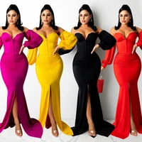 2021 fall new style wrapped chest one shoulder puff sleeve sexy evening dress prom club long slit dress