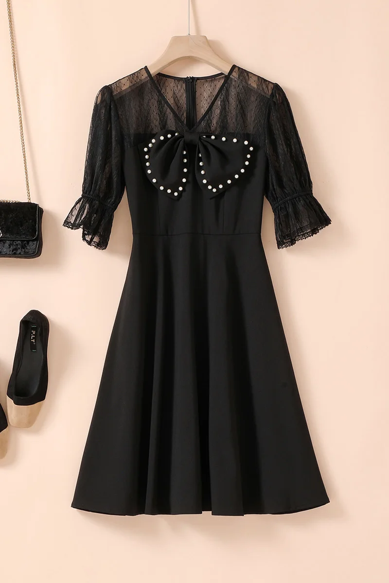 

Slim Waist Black Short Dress for Women V Neck Lace Beaded Big Bow A Line Dress 2021 Summer Female Flare Sleeve Mesh Dress