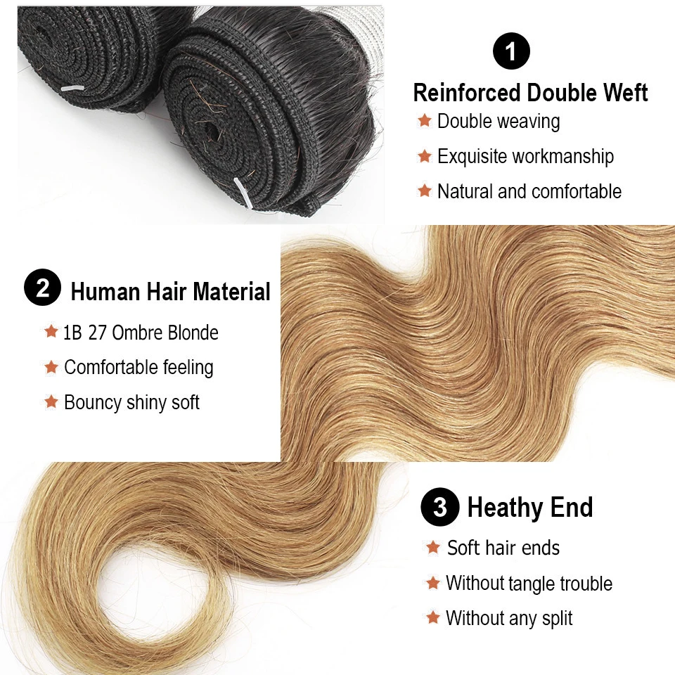 

Mogul Hair 3 Bundles with Closure 200g/set Ombre Honey Blonde Body Wave Hair Weave 12-22 inch Brazilian Non-Remy Human Hair