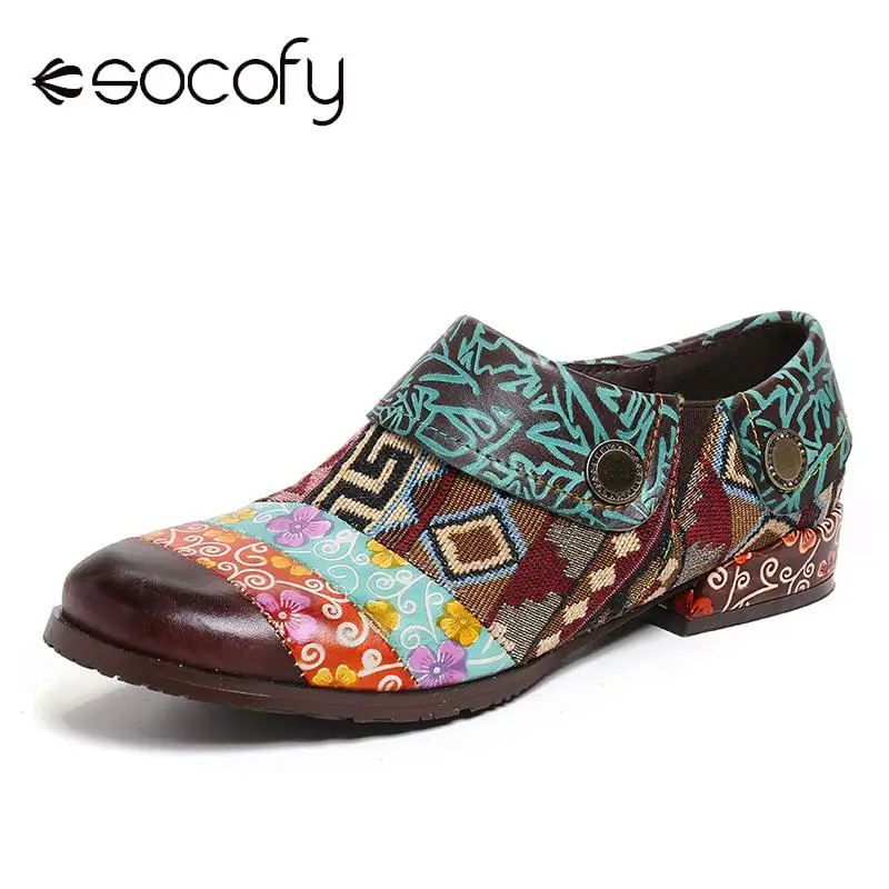 

Socofy Women Retro Boots Pattern Stitching Genuine Leather Metal Zipper Loafers Ladies Shoes Women Botines Mujer 2020