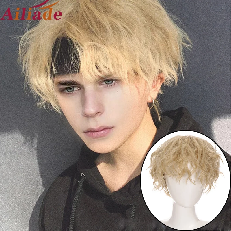 AILIADE Short Curly Cosplay Men Boy Party Light Yellow Synthetic Heat Resistant Hair Wigs Men's Breathable Wig