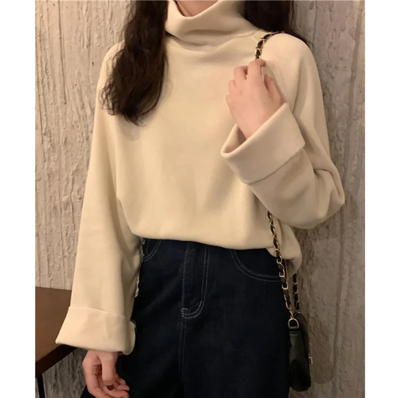 

Autumn Korean 2021 New Lazy Wind Curled High Neck Thickened Frosted Inside with Bottomed Long Sleeve T-shirt Women's Top