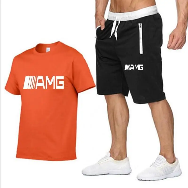 

AMG Men's Beach T-shirt and Shorts Set Sports T-shirt Funny Brand Harajuku Tops Summer Men's sets 2021