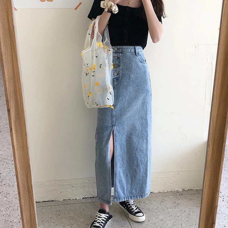 

2021 New Women Denim Skirt High Waist Side Four Buttons Side Spilt Straight Skirt Korean Chic Fashion Streetwear Hot Skirt
