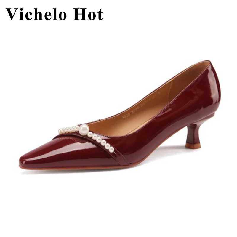 

Vichelo Hot spring Korean girl pearl-studded shoes shallow genuine leather square toe thin high heels wedding women pumps l68