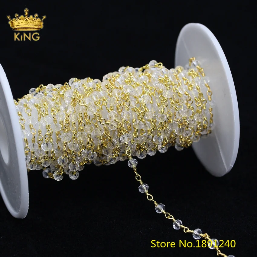 

5M/lot Bezel Glass Beaded Chain for Jewelry,3x4mm Faceted Rondelle Crystal Glass Plated Gold Links Glass Body Chains Findings