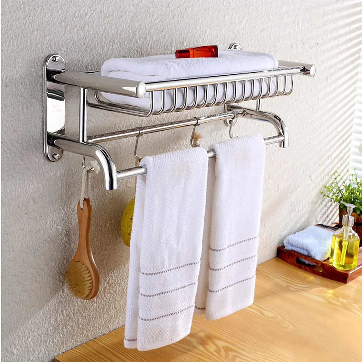 

Towel Racks Bathroom Holder Wall Mounted Space Aluminum Silver Surface Towel Hanger Adjustable Towel Rack Holder with Hooks