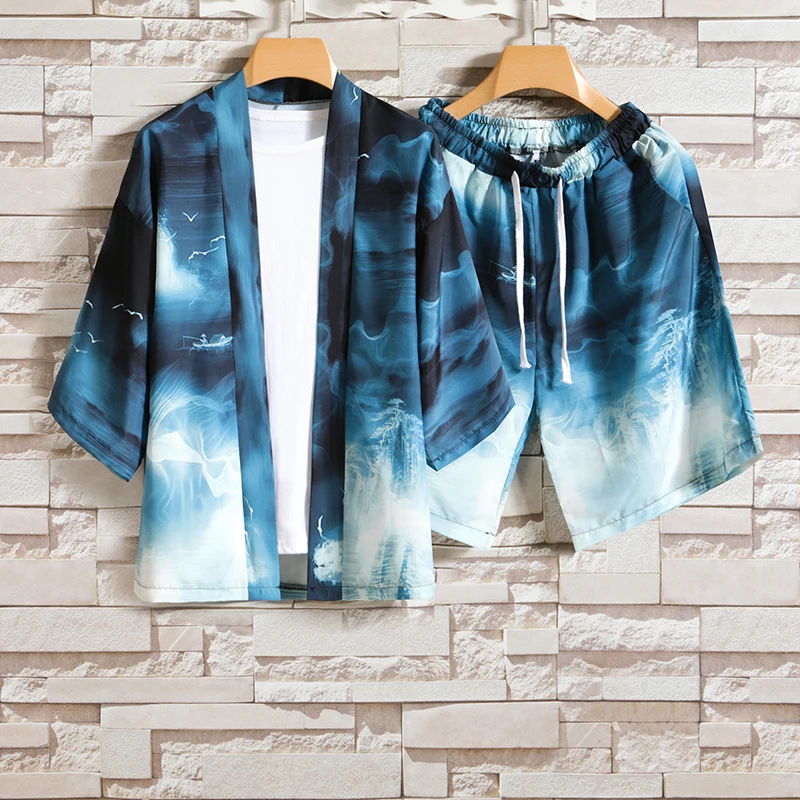 

2021 Men Kimono Cardigan Suit Men Novelty Print Chinese Style Streetwear Sets Male Summer Beach Hanfu Suit M-5XL
