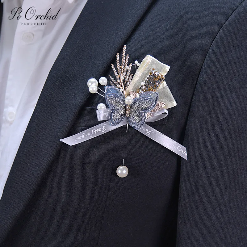 PEORCHID 2020 Gold Groom Corsage Boutonniere Wedding Accessories For Groomsmen Butterfly Brooch Pins Prom Decor |