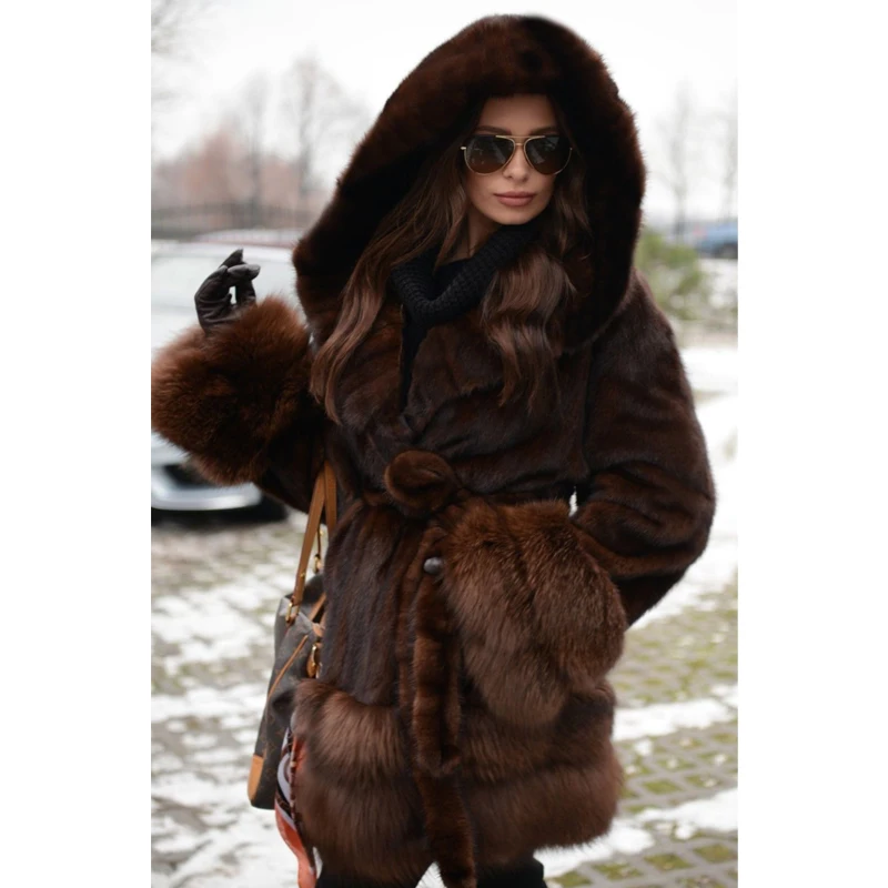 2022 Fashion Hooded Women Real Mink Fur Jacket With Fox Fur Bottom And Cuff Winter Thick Warm Genuine Mink Fur Coats With Belt