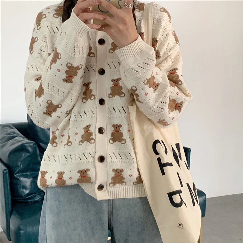 PERHAPS U Women Short Thin Sweater Knitted O Neck Crew Cardigan Button Polka Beige Bear Cartoon Outwear Autumn M0144 |