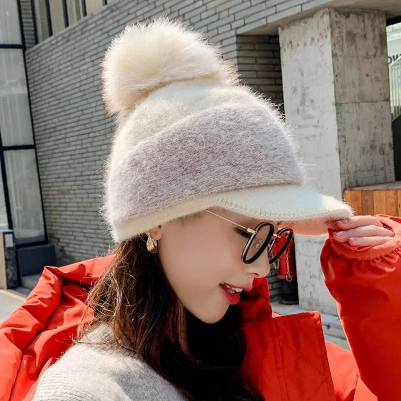 

Women Winter Thick Warm Fuzzy Knit Beanie Cap with Visor Bill Cute Pompom Cold Weather Windproof Skullies Baseball Cap
