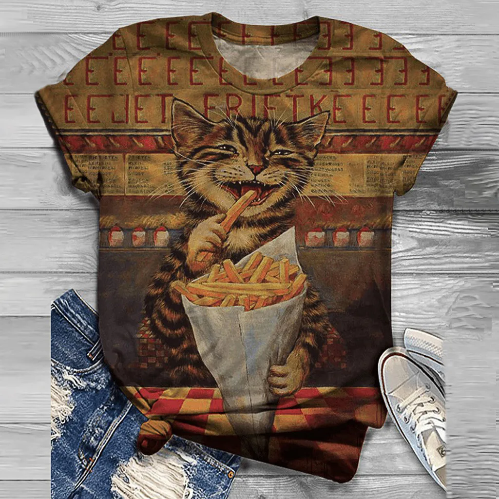 

Stylish Women T-shirt O-neck Short Sleeve 3d Cat Digital Print Casual Top T-shirt High Quality Harajuku T-shirts S-3xl Футболки