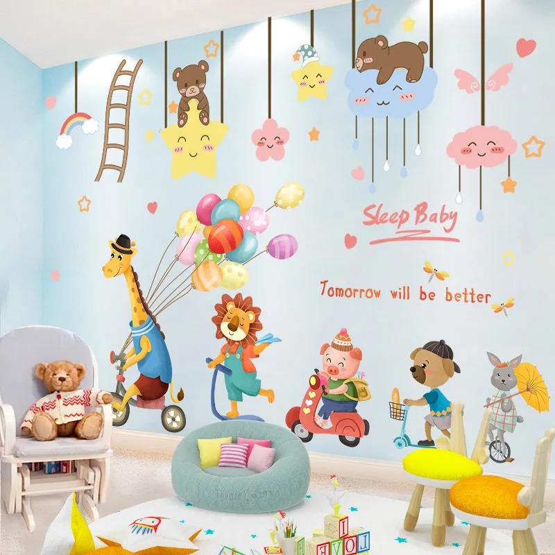 

[shijuekongjian] Cartoon Bears Clouds Wall Stickers DIY Animals Balloons Wall Decals for Kids Bedroom Nursery Home Decoration