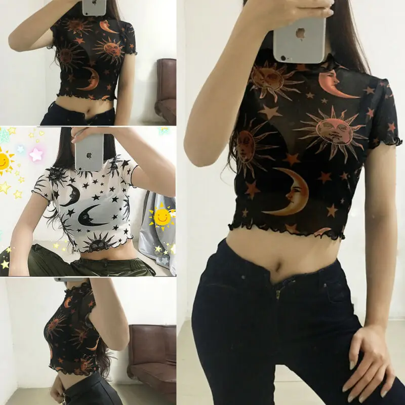

Women Ladies Angel Mesh Printed T-shirt Tops Short Sleeve Shirts Summer Casual
