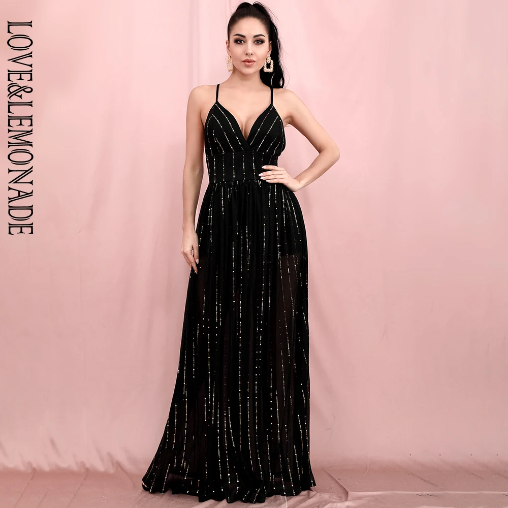 Женское платье с открытой спиной LOVE & LEMONADE длинное Сетчатое трапеция и V образным