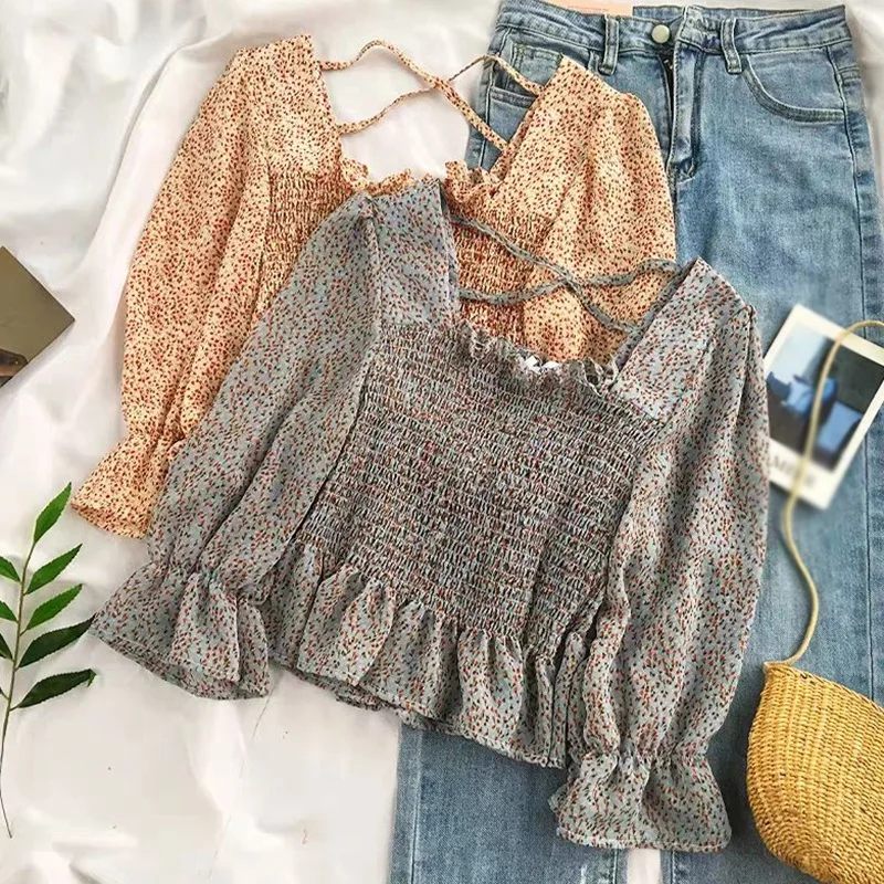 

Блузка женская укороченная с цветочным принтом, модная винтажная эластичная рубашка с квадратным вырезом и длинным рукавом, шикарный топ