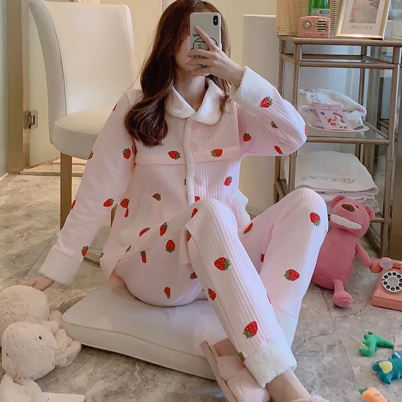 

Explosion models winter new small fresh strawberry printing month clothes cotton breastfeeding clothes quilted pregnant pajamas