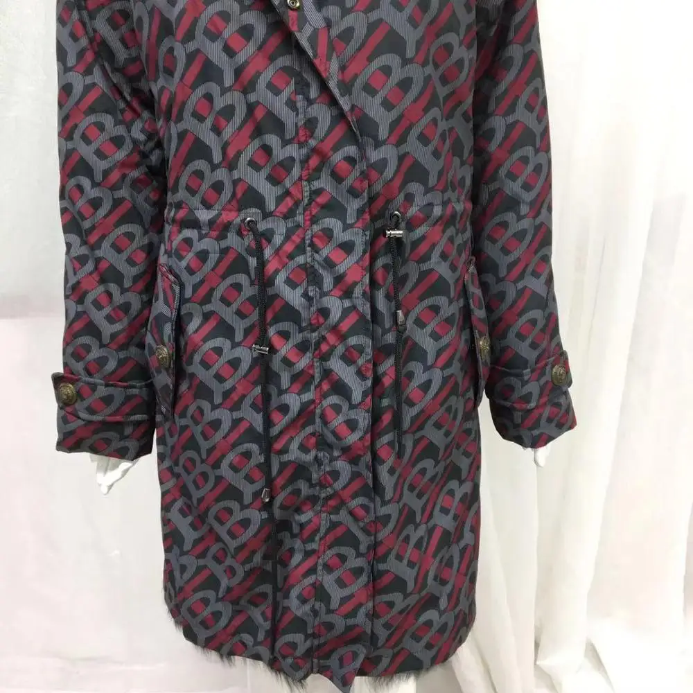 Brand Macaron design winter long black fox fur parka real fur rainbow grid design