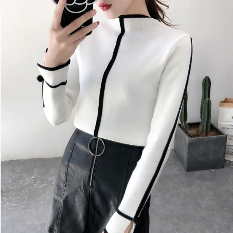 

Ladies Autumn Winter Fashion Solid Color Slim Long-Sleeved Half High Collar Slim Bottom Sweaters