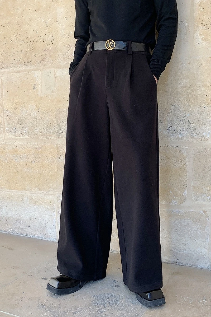 

2020 Spring And Autumn New Original Thick Woolen Wide Leg Pants Fashion Casual Solid Color Loose Wild Trousers Black / Khaki