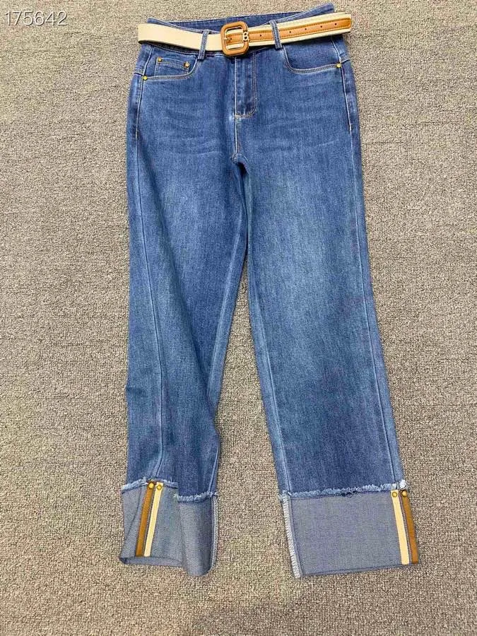 2021 summer Korean version of casual high-waisted piece hair must be rolled side pants feet nine points pipe jeans women