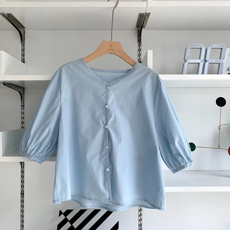 

KUSAHIKI Sweet 3/4 Puff Sleeve Blouse Tops Causal O-neck Korean Solid Woman Shirt 2021 Spring Summer New Camisas Mujer 6G720