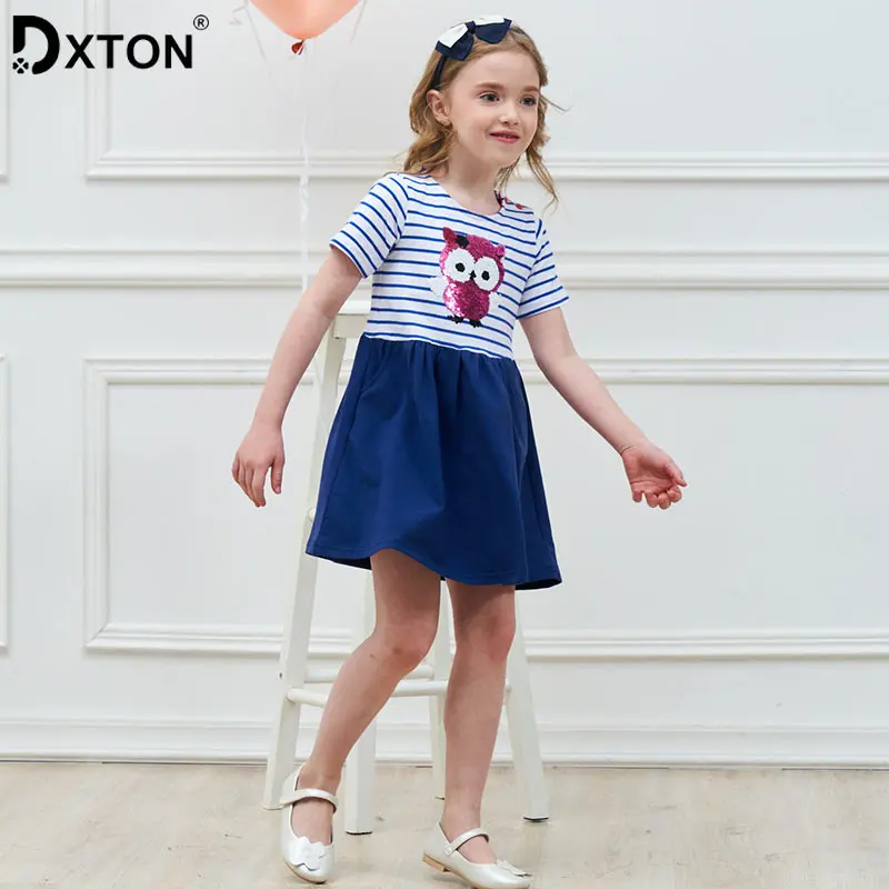 Dxton Summer Girl Clothing Sequined Girls Dress Unicorn Princess Stripe Short Sleeve Animal Kids for 3-8Year | Детская одежда и