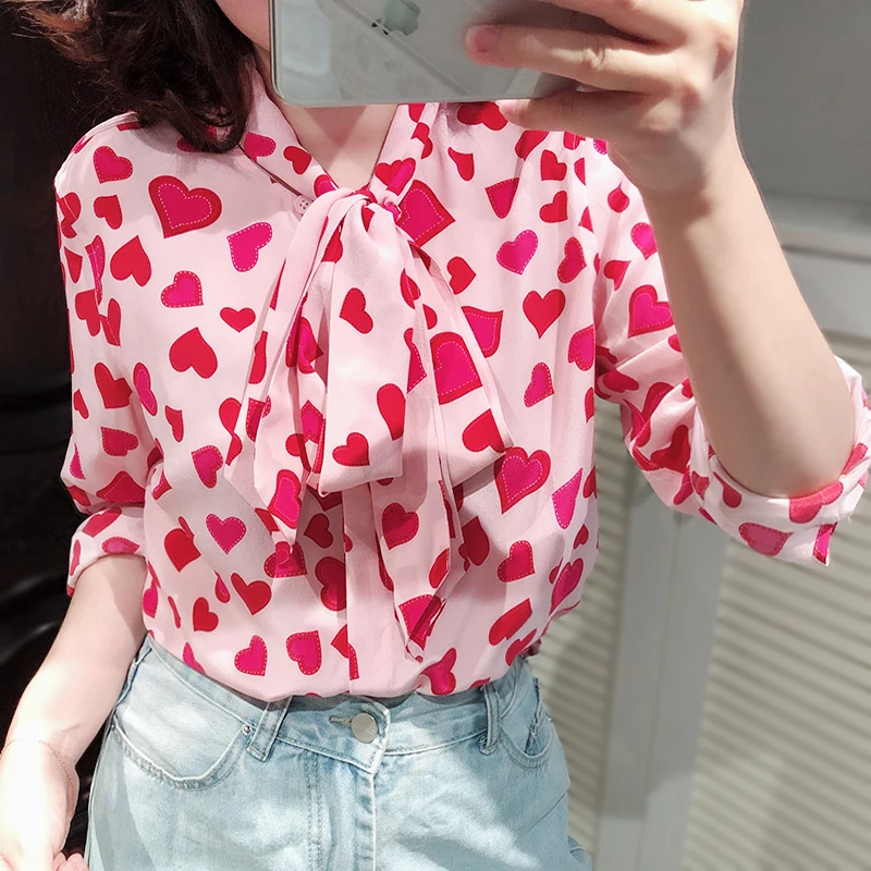 MUMUZI Chiffon Blouses Long Sleeve Summer New 2020 Loose Bow Tie Blouse Red Heart Print Pink Shirt tunique femme bluse women