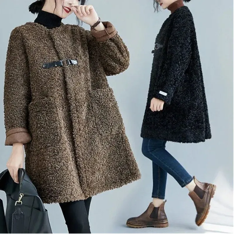 

lambswool Long Jackets Women Winter Coat Thick Warm Teddy Coats Female Loose Faux Fur Coat Outerwear Plus Size Cotton Clothes