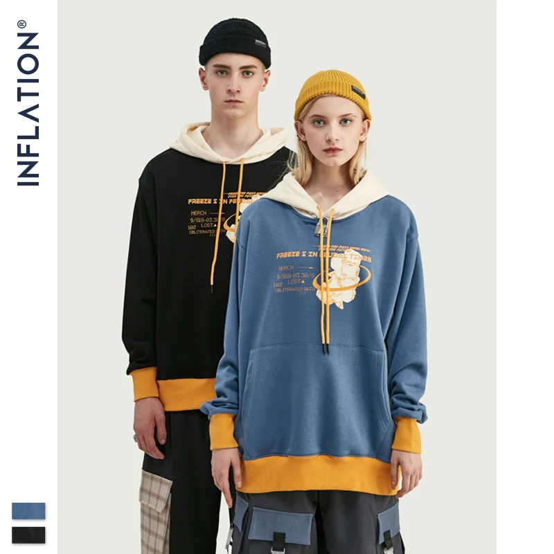 INFLATION Design Loose Fit Hoodie Men Winter Hoodies Colour Block With Print Logo Streetwear Mens Fleece Cotton 9632W | Мужская одежда