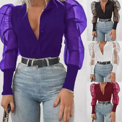 Новое поступление 2019 женская рубашка из тюля с V-образным вырезом и длинными