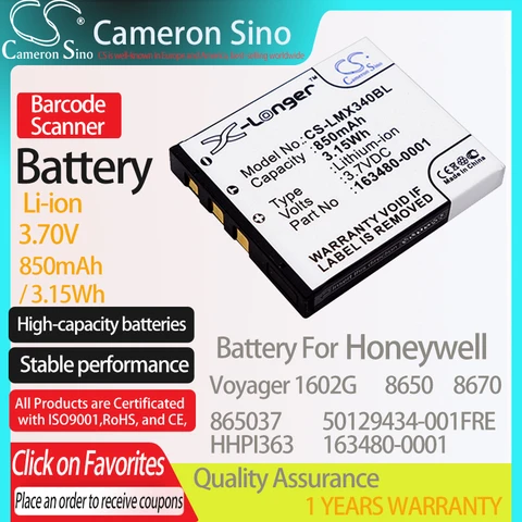 CameronSino Батарея для сканер штрих-кода Honeywell Voyager 1602 г 8650 8670 подходит LXE LX34L1-G 163480-0001 8650A376 штрих-кода аккумулятор сканера 850 мА-ч