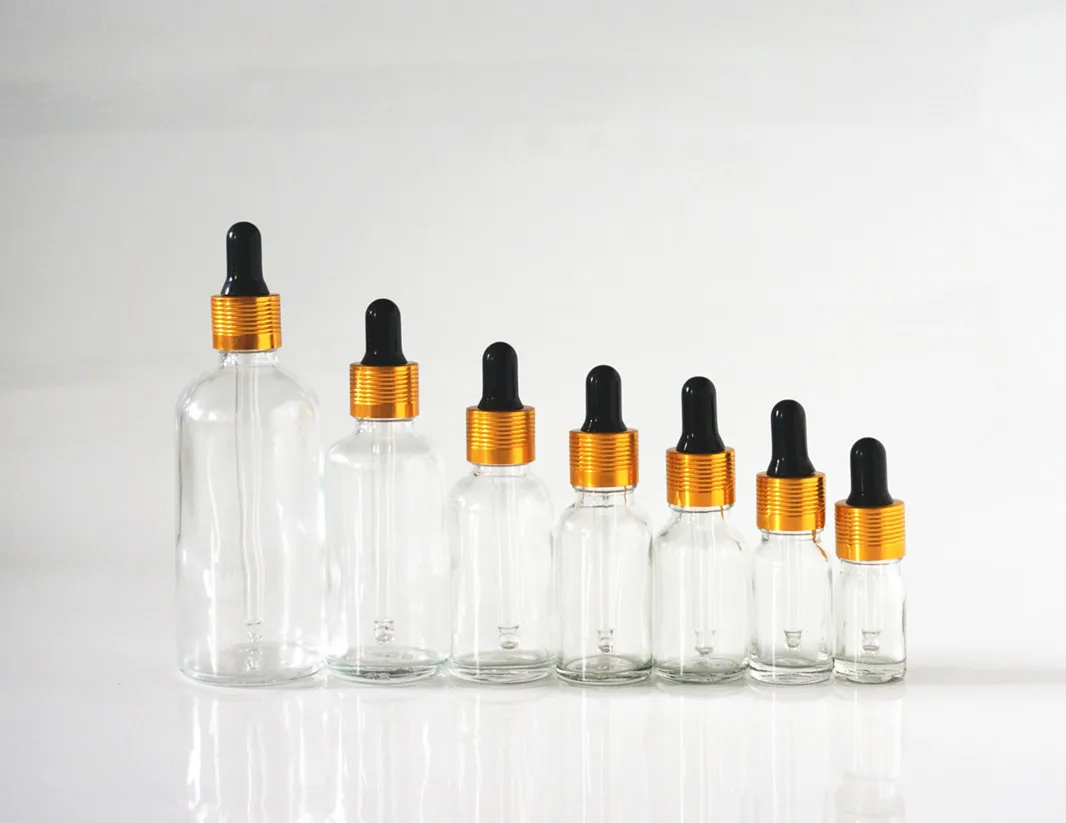 

5/10/15/20/30/50/100ml Clear Reusable Essential Oil Bottle Black Rubber Head Dropper Gold Thread Cap Cosmetic Glass Container