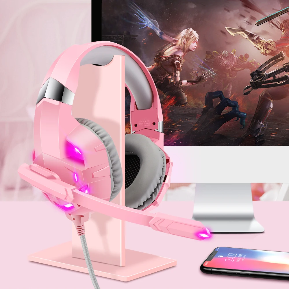 الوردي سماعة ألعاب فتاة مع هد ميك و مصباح ليد فوق الأذن سماعات الكمبيوتر ل هاتف محمول/محمول/PS4/زبوكس بنات هدية
