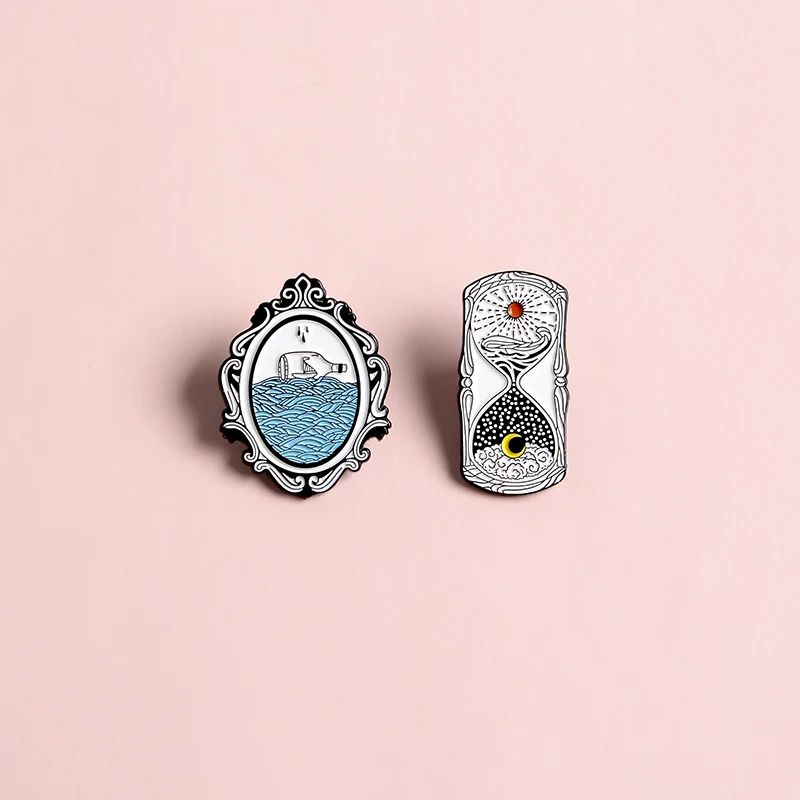 Песочные часы и зеркальные эмалированные булавки Солнце Луна дрейфующие бутылки