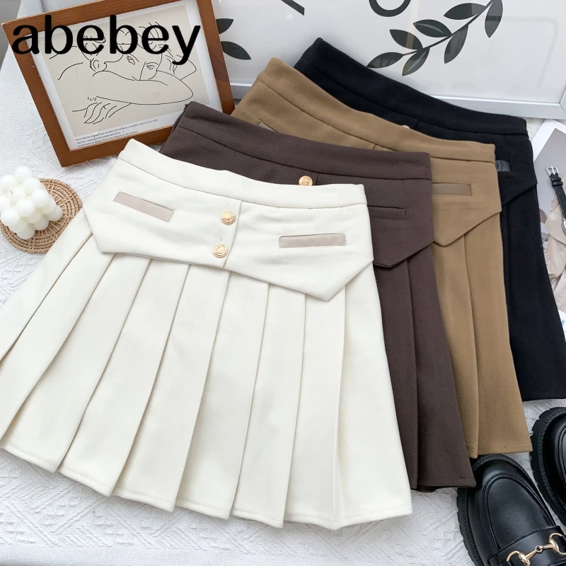 

Temperament solid color woolen Skirt two button double breasted high waist short A-line pleated Skirt 2021 New Autumn Winter