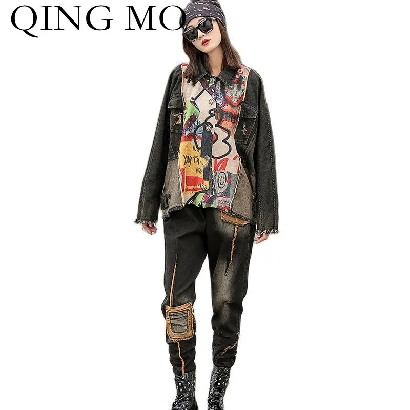 

Женский джинсовый костюм QING MO, однобортный пиджак с рукавом летучая мышь и повседневные джинсы в стиле ретро, свободный костюм из двух предм...
