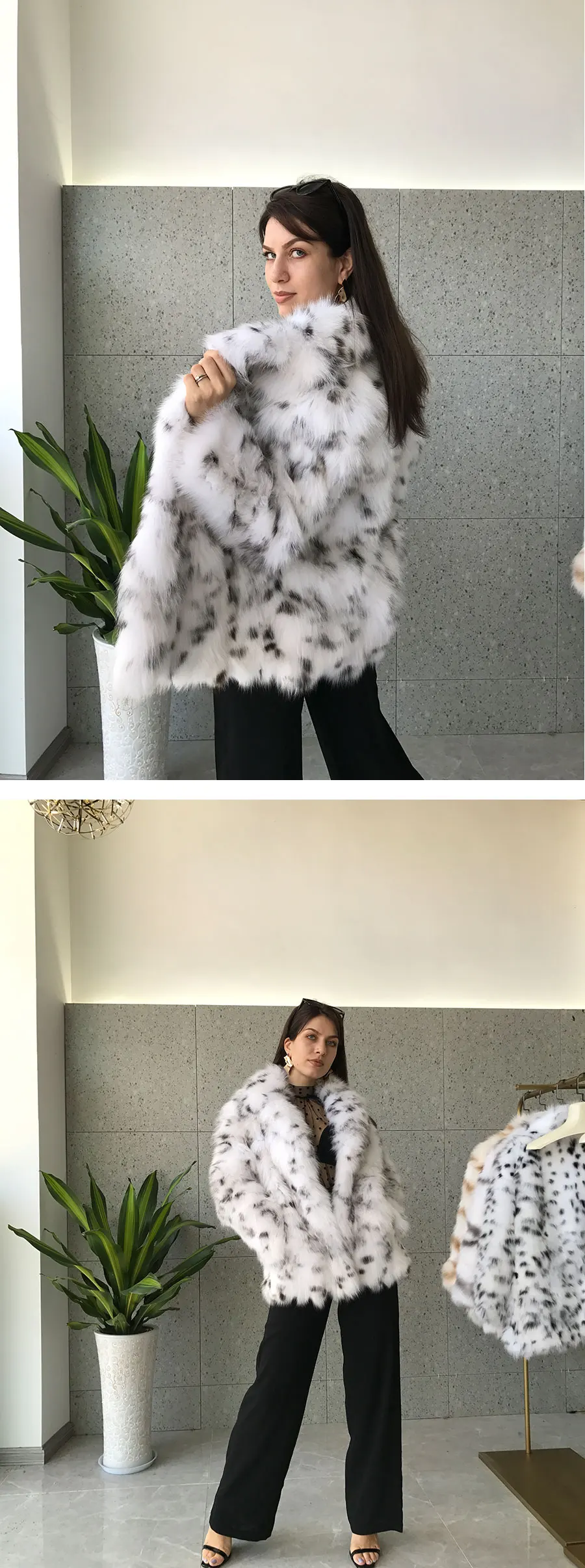 EIFURKOP Sexy Fashion Leopard Pattern Real Fox Fur Coat with big Collar Women Natural Fox Fur Jacket Long Sleeves WarmFur Coats