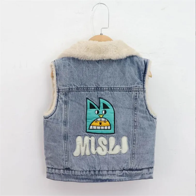 

Boys Vest Winter Thicken Fur Denim Children Waistcoat Vest Kids Outerwear For Boy Turn-down Collar Boys Jacket Girls Vest Coat