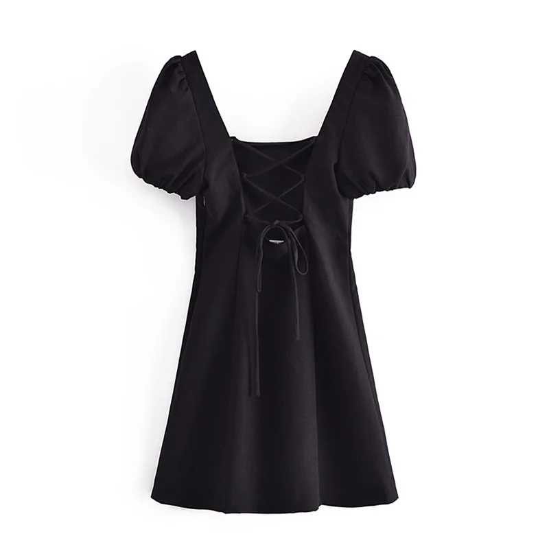 

Klacwaya Summer Dress 2021 Za Black Linen Short Dresses Vintage French Square Neck Short Puff Sleeve Sexy Strappy Mini Dress