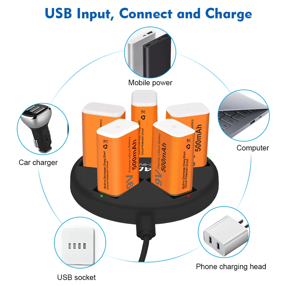 

PALO 9V charger USB Battery Charger for 9V 6F22 Ni-MH Lithium-ion Rechargeable Batteries, 5 Bay Smart Charger Individual