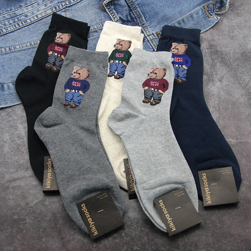 

5Pairs Cartoon gentleman bear Men's Socks Cotton Harajuku Skateboard Socks winter warm Novelty Breathable Sox Christmas Gift