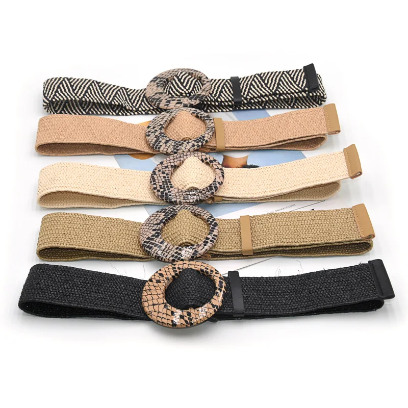 

Hot Linen Weave Wide Belt Leopard Buckle Fake Straw Wooden Buckle Waistband Elastic Women Belt Vintage Bohemian Braided Belt