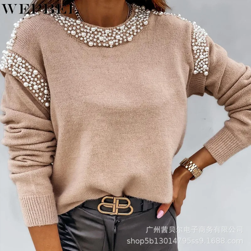 

WEPBEL Solid Color Sweater Women's Casual Loose Sweater Spring Autumn Long Sleeve O-Neck Pullover Beading Sweater Top